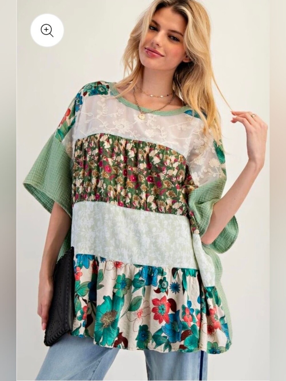 NEW!!! Easel Floral Patchwork Peasant Top in Green, Sz Large, NWT